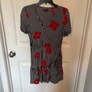 Striped Dress with Red Floral Pattern
